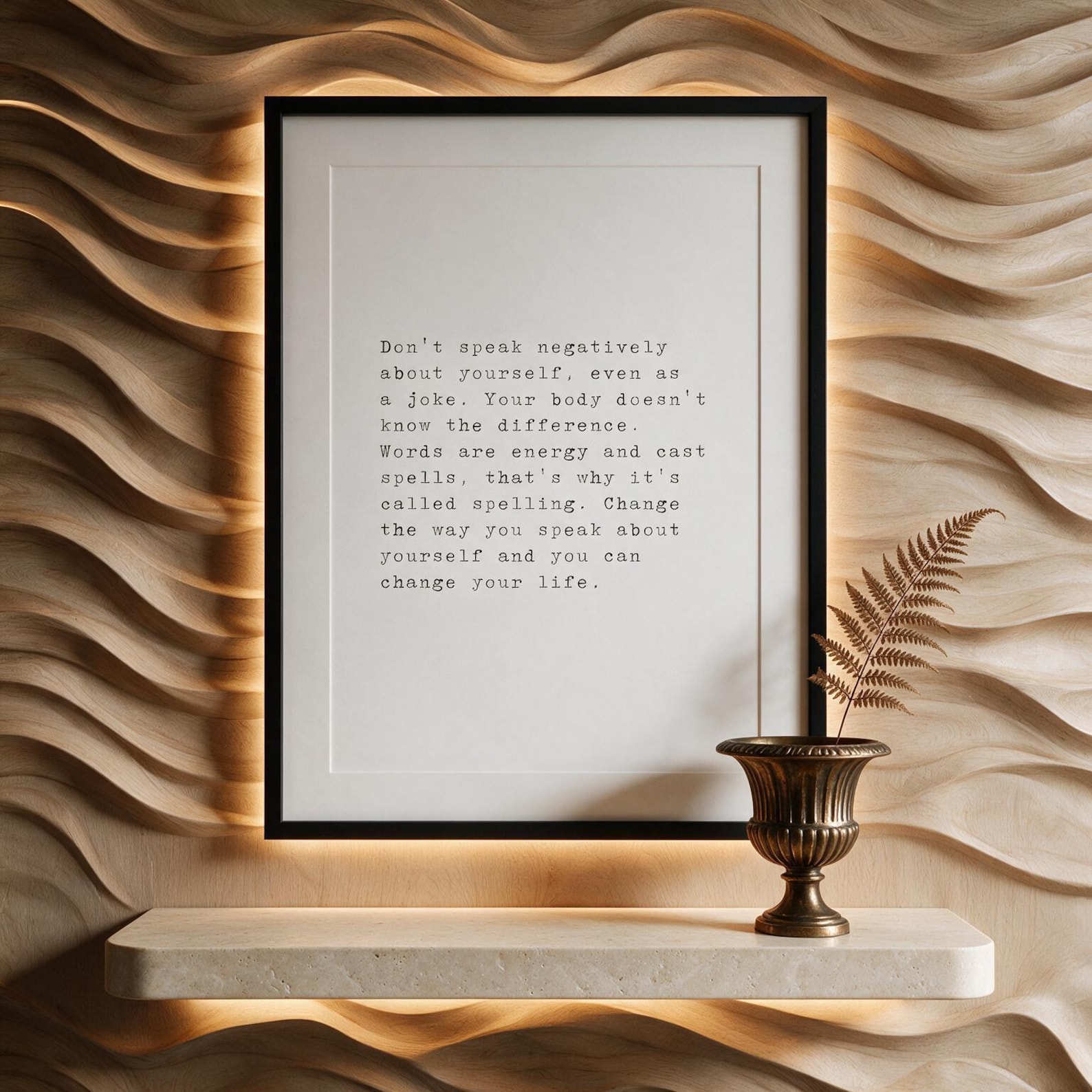 Don't Speak Negatively About Yourself — typographic quote wall art print by Axiom Print Studio
