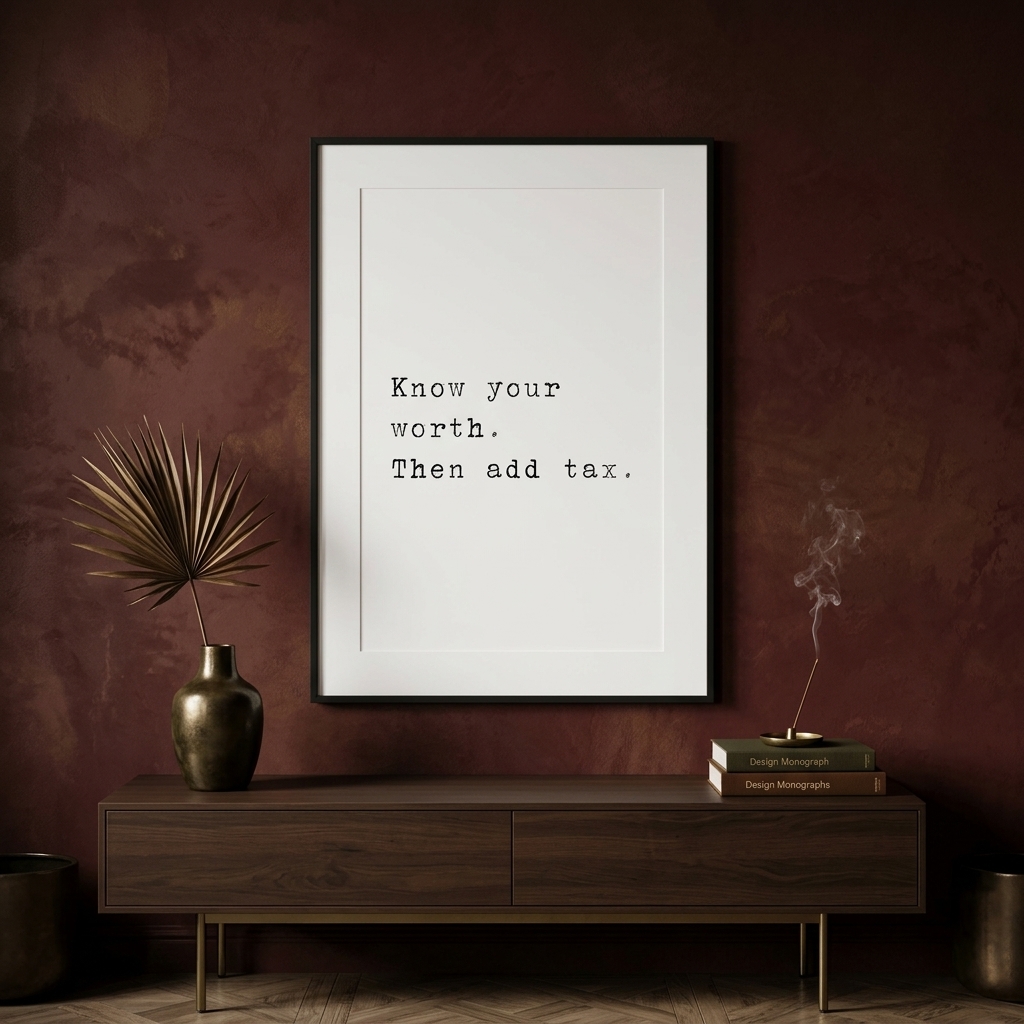 Know Your Worth, Then Add Tax — typographic quote wall art print by Axiom Print Studio